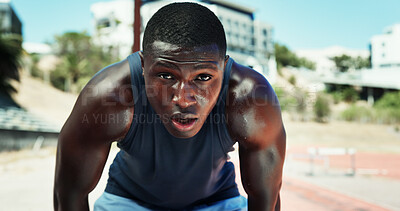 Buy stock photo Runner, black man and fatigue with breathing at stadium for race competition, endurance challenge or sweating. Fitness, athlete and sports portrait with burnout for running recovery, marathon or rest