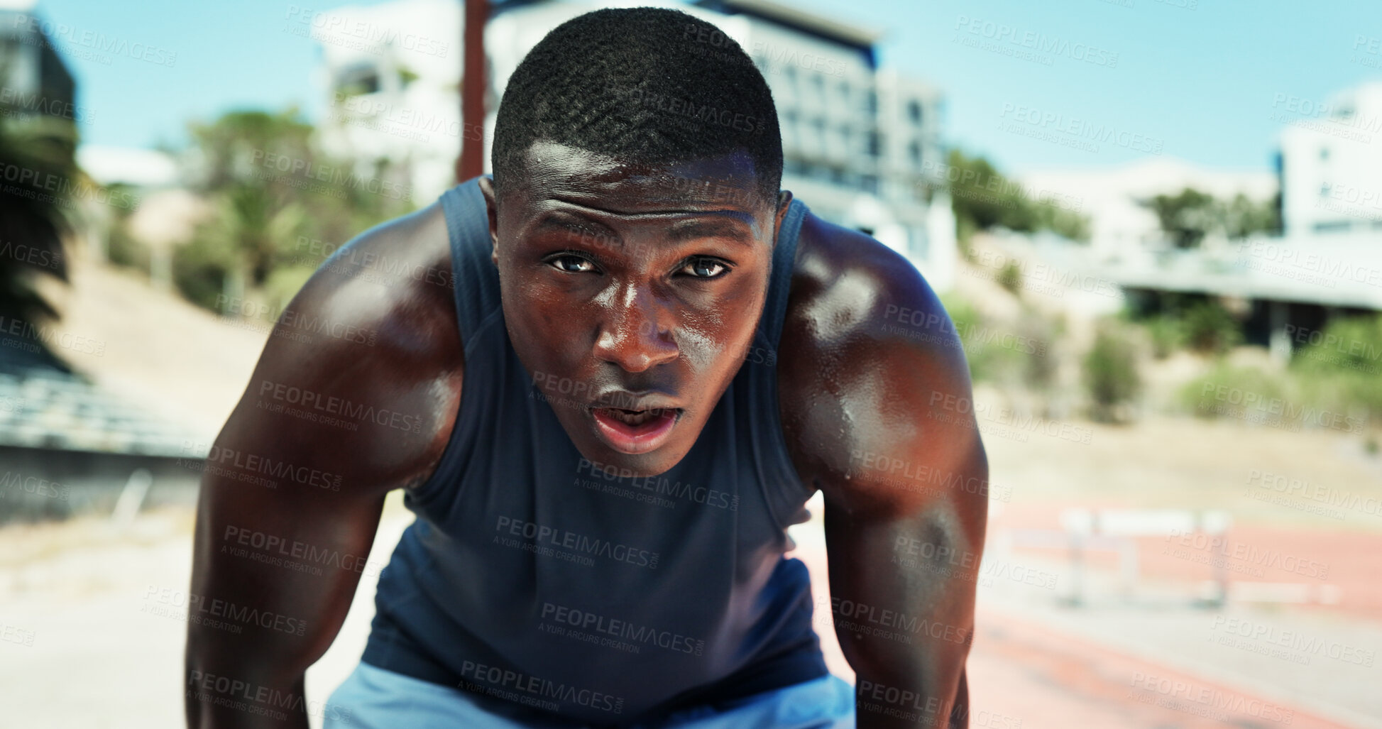 Buy stock photo Runner, black man and fatigue with breathing at stadium for race competition, endurance challenge or sweating. Fitness, athlete and sports portrait with burnout for running recovery, marathon or rest