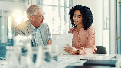 Buy stock photo Business people, teamwork or documents in office, conversation or advice for sales project. Employees, brainstorming and ad agency with planning, ideas or email for budget report, research or talking