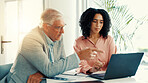 Business people, teamwork and laptop in office, conversation or advice for sales project. Employees, computer and ad agency with internet, planning and email for budget report, research or connection