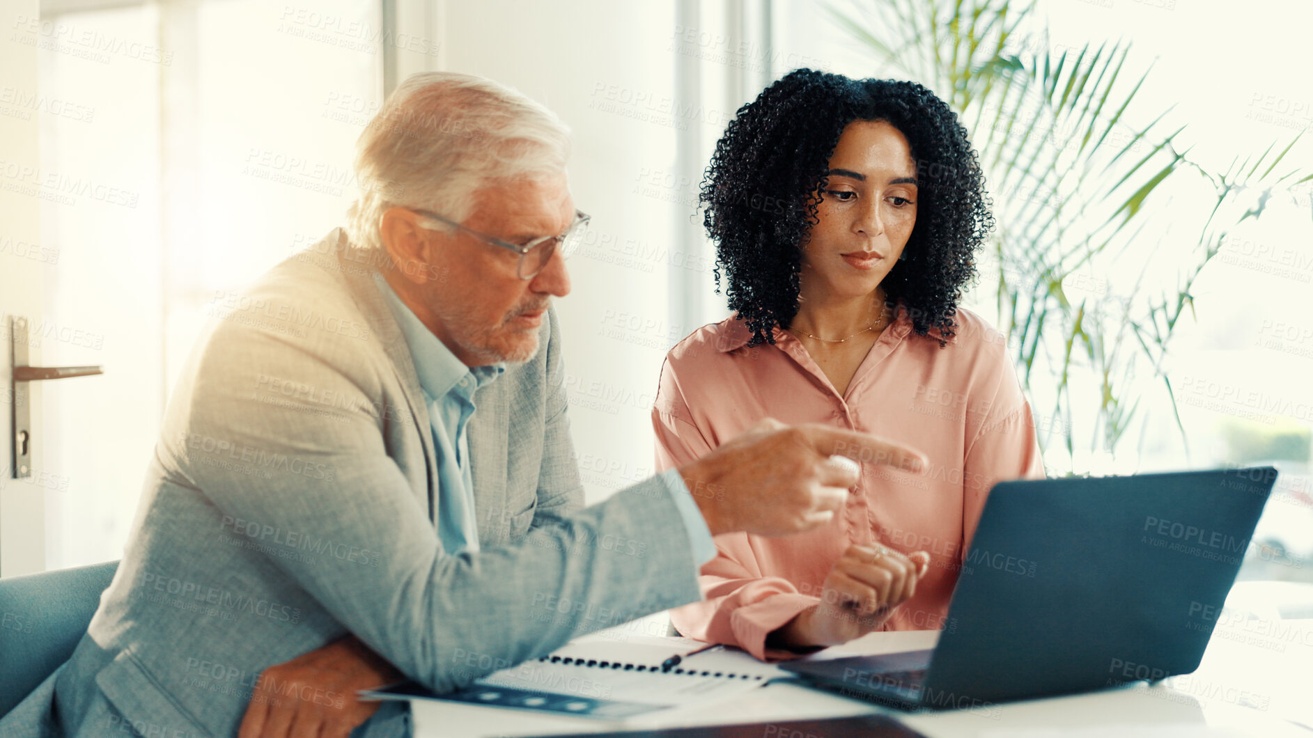 Buy stock photo Business people, teamwork and laptop in office, conversation or advice for sales project. Employees, computer and ad agency with internet, planning and email for budget report, research or connection