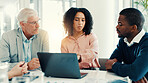 Meeting, colleagues and group with laptop, pointing and discussion for investment ideas or teamwork. Corporate, financial analyst and people with tech for opportunity, talk or collaboration in office