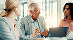 Investment ideas, boss and colleagues with laptop, discussion or team with tech for business growth. Collaboration, CEO and people with plans for opportunity, meeting and conversation in boardroom