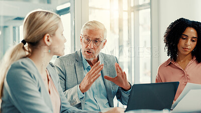 Buy stock photo Office, boss and group with laptop, talking and discussion for performance of employee in boardroom. Meeting, financial analyst and conversation for return on investment, colleagues and people