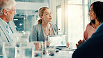 Presentation, business woman and tablet screen with charts in meeting, investment stats or planning. Office, team and brainstorming with technology for financial data, analysis and kpi on dashboard