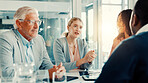 Business people, group and discussion of ideas in office for financial insurance or strategy. Team, meeting and conversation for planning, brainstorming policy or project for risk management solution