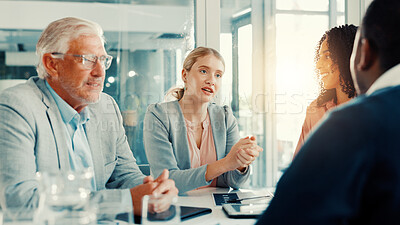 Buy stock photo Business people, group and discussion of ideas in office for financial insurance or strategy. Team, meeting and conversation for planning, brainstorming policy or project for risk management solution