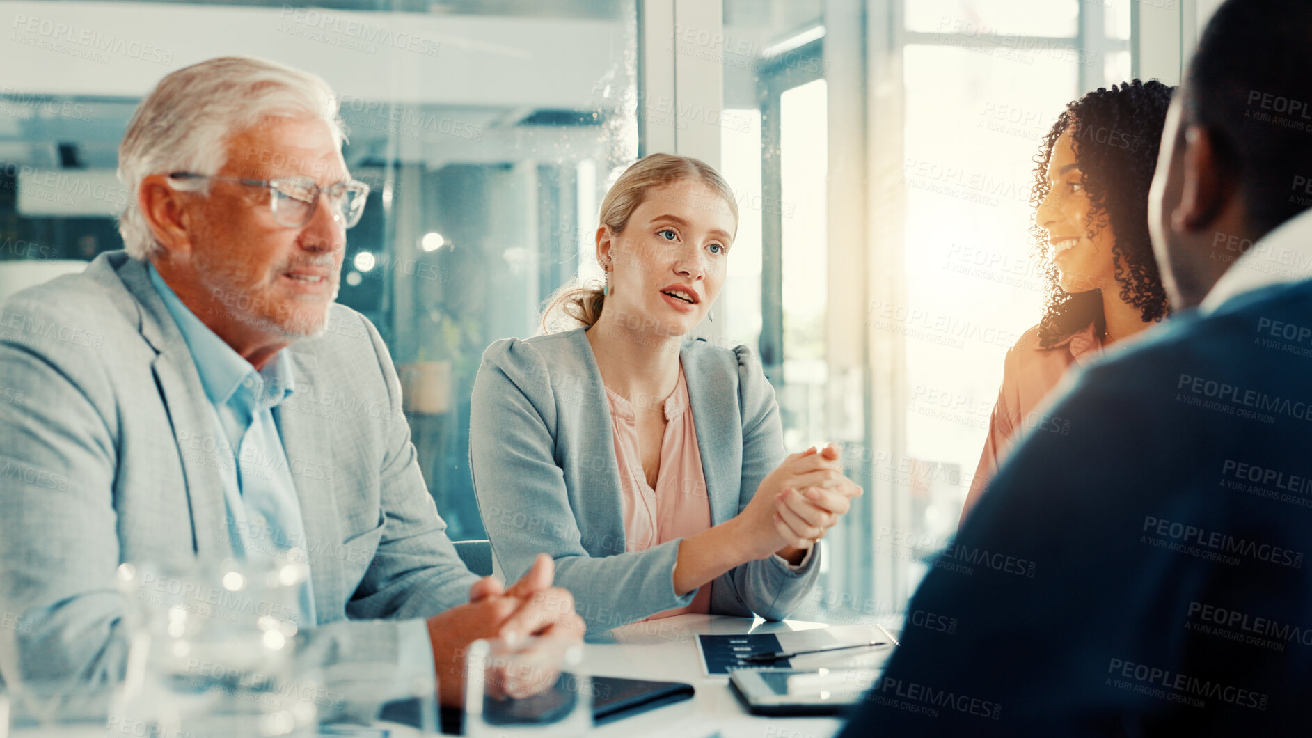 Buy stock photo Business people, group and discussion of ideas in office for financial insurance or strategy. Team, meeting and conversation for planning, brainstorming policy or project for risk management solution