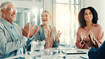 Applause, achievement and business people in office with good news, promotion or team meeting. Happy, clapping hands and financial advisors with manager for positive feedback discussion in workplace.