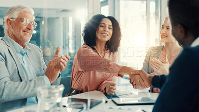 Buy stock photo Shaking hands, clapping and business people in office for meeting with finance deal or partnership. Agreement, applause and financial advisors with handshake for congratulations on investment goal.