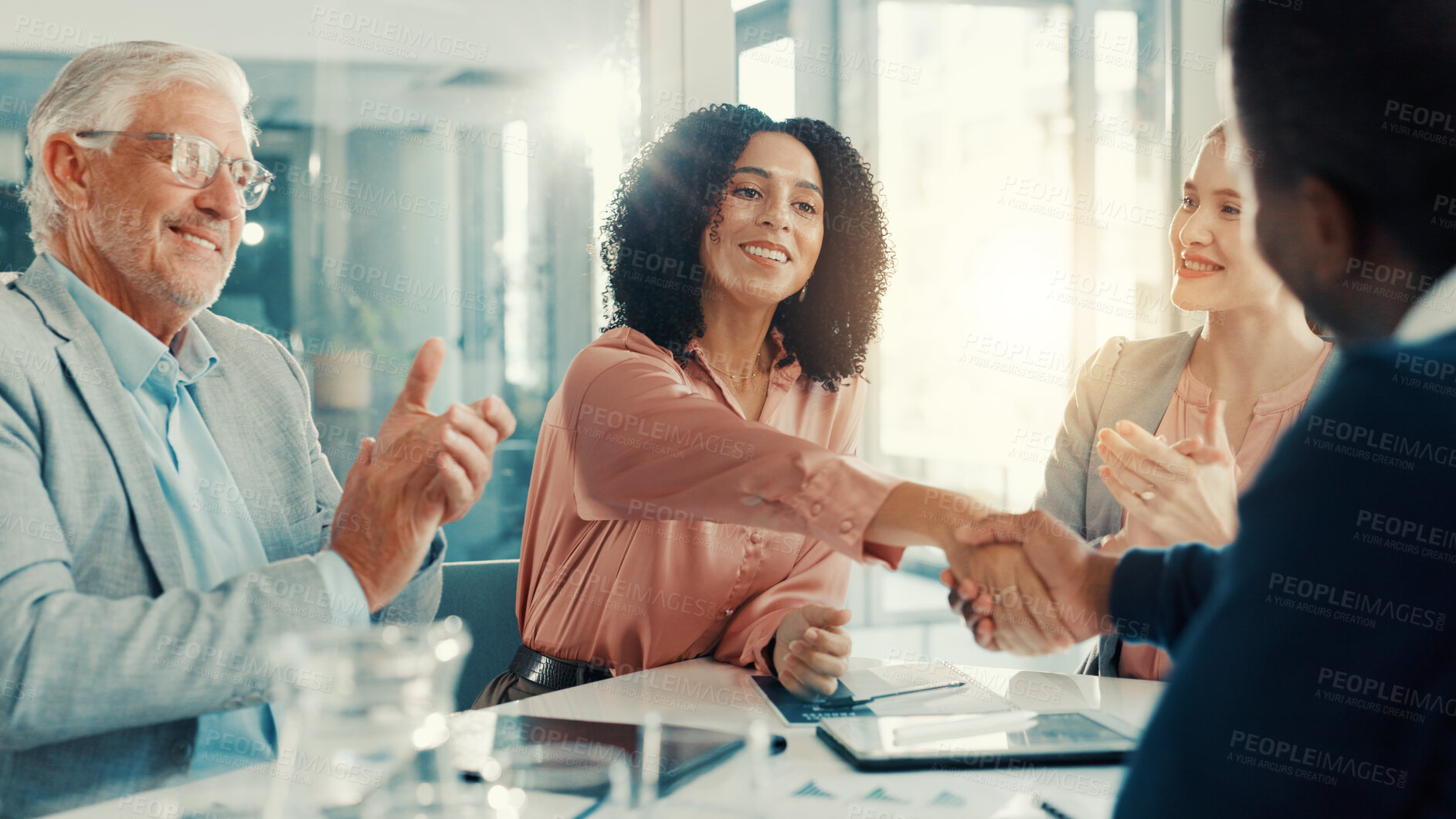 Buy stock photo Shaking hands, clapping and business people in office for meeting with finance deal or partnership. Agreement, applause and financial advisors with handshake for congratulations on investment goal.