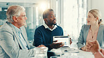 Business people, group and discussion with charts on tablet screen for insurance sales or metrics. Team, office meeting or technology with financial data for risk assessment, claims analysis or stats