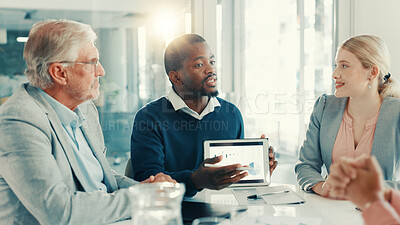 Buy stock photo Business people, group and discussion with charts on tablet screen for insurance sales or metrics. Team, office meeting or technology with financial data for risk assessment, claims analysis or stats
