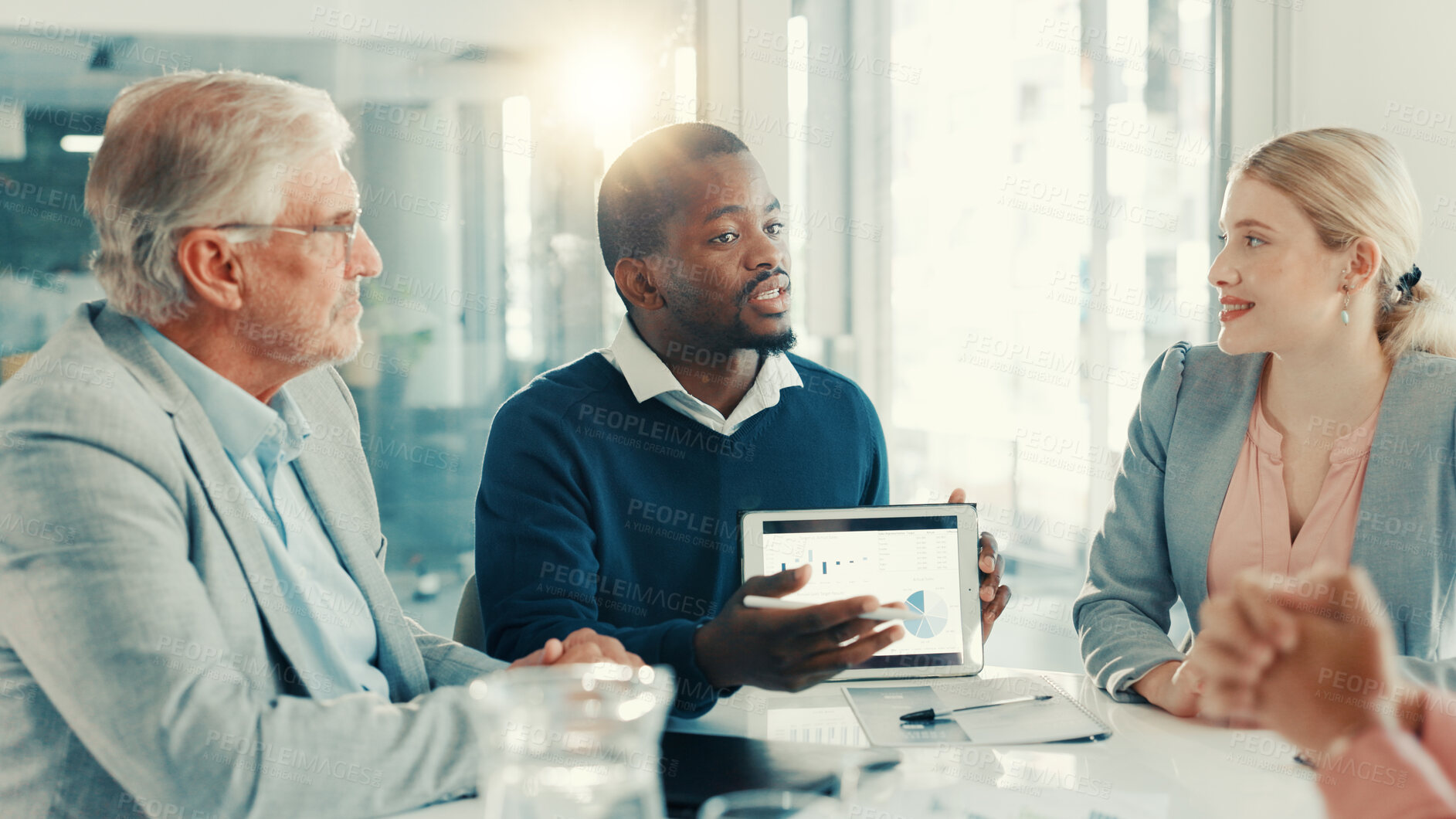 Buy stock photo Business people, group and discussion with charts on tablet screen for insurance sales or metrics. Team, office meeting or technology with financial data for risk assessment, claims analysis or stats