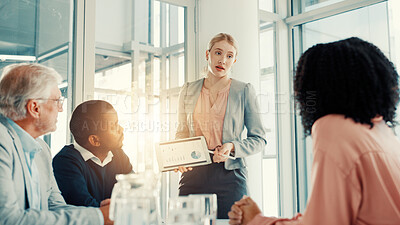 Buy stock photo Presentation, business woman and tablet screen with financial data, investment stats and planning. Team meeting, analyst and professional with technology for charts, graphs or discussion in office