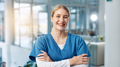 Buy stock photo Arms crossed, medical and portrait of woman nurse in hospital for about us, service and confidence. Happy, healthcare and scrubs with friendly medicine professional in clinic for medicare or therapy
