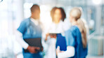 Blur, medical or meeting with doctors and nurses in hospital together for discussion or report. Collaboration, conversation and healthcare with professional medicine team in clinic for diagnosis