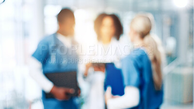 Buy stock photo Blur, medical or meeting with doctors and nurses in hospital together for discussion or report. Collaboration, conversation and healthcare with professional medicine team in clinic for diagnosis