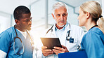 Coaching, medical or tablet with doctors and nurses in hospital together for discussion or report. Collaboration, healthcare and internship with professional medicine team in clinic for diagnosis
