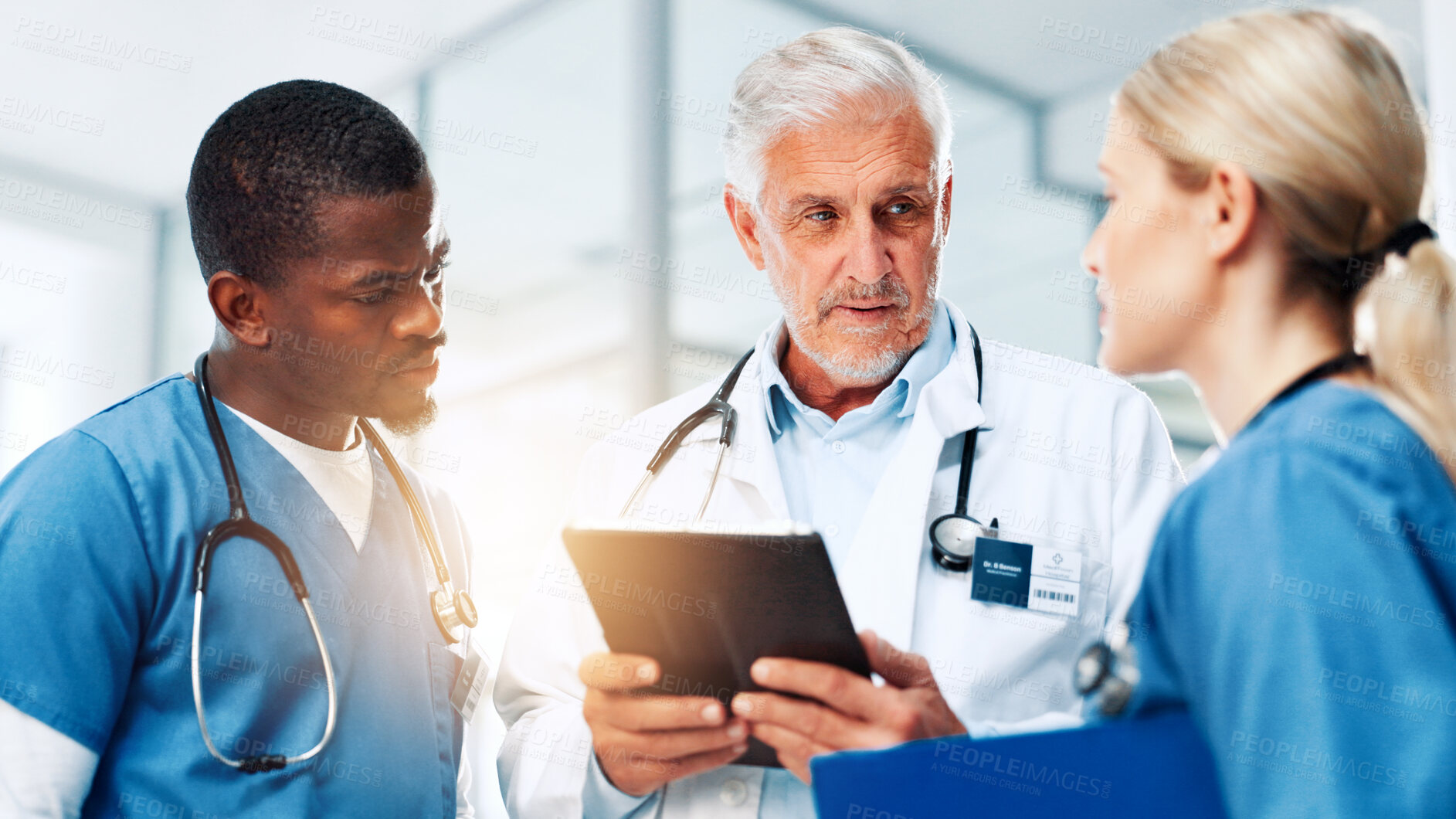 Buy stock photo Coaching, medical or tablet with doctors and nurses in hospital together for discussion or report. Collaboration, healthcare and internship with professional medicine team in clinic for diagnosis