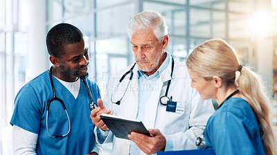 Buy stock photo Medical, tablet or training with doctors and nurses in hospital together for discussion or report. Collaboration, healthcare and mentor with professional medicine team in clinic for diagnosis review
