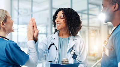 Buy stock photo Doctor, woman and team with high five, smile and clipboard for results, breakthrough and celebration. People, medical staff and goals with support, cheers and motivation with checklist at hospital