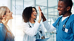 Doctor, woman and team with high five, happy and clipboard with man, results and celebration. People, medical staff and goals with success, cheers and motivation for job with checklist at hospital
