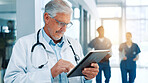 Typing, doctor and man in clinic, tablet and connection with email for test result. Mature person, research and medical with professional, health or online reading for diagnosis report or digital app