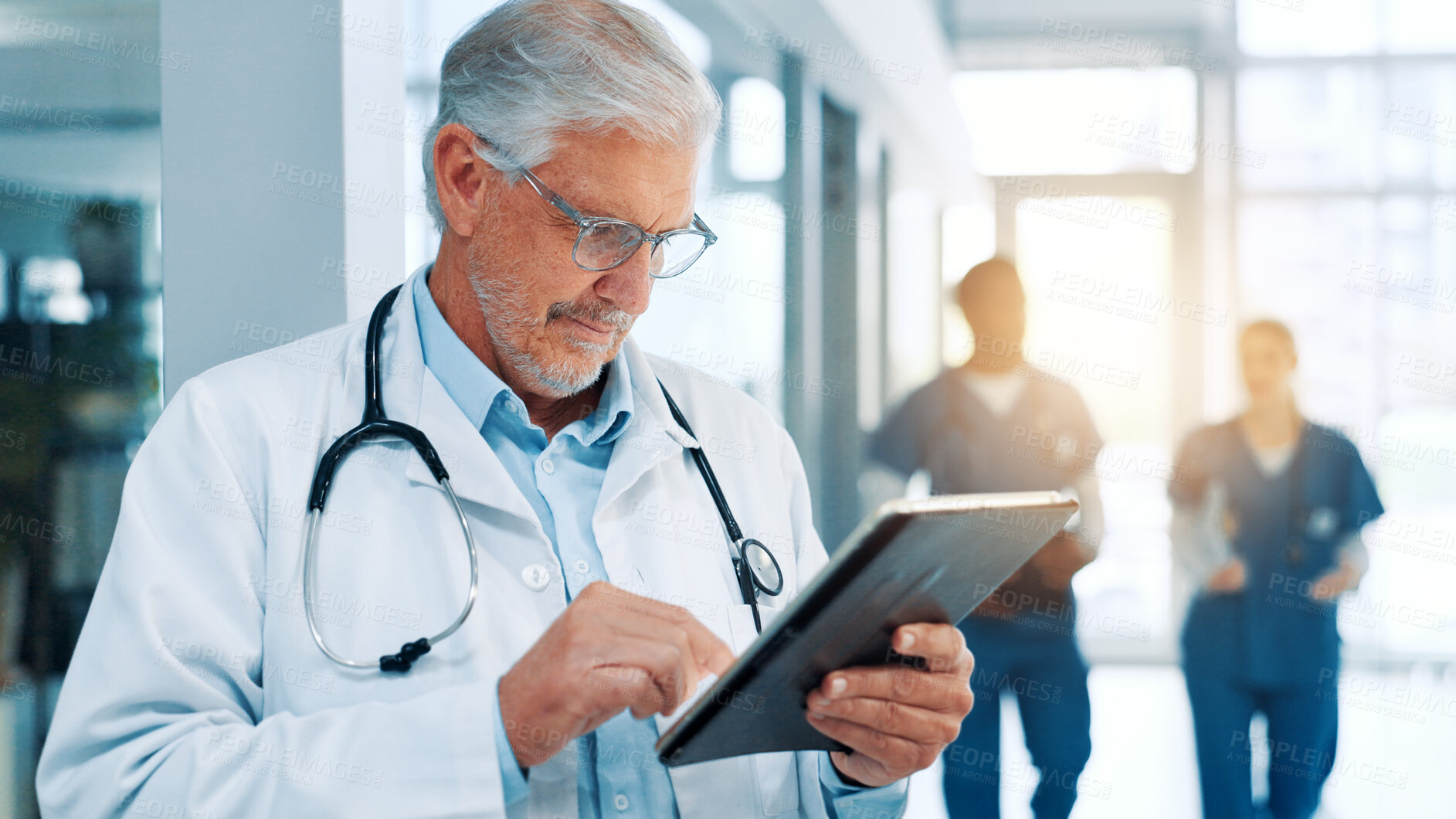 Buy stock photo Typing, doctor and man in clinic, tablet and connection with email for test result. Mature person, research and medical with professional, health or online reading for diagnosis report or digital app