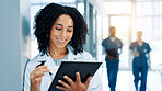 Smile, doctor and woman in hospital, tablet and internet with email for shift schedule. Healthcare, person and medical with professional, connection and online reading with app and research in clinic