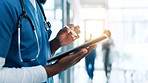 Hands, nurse and man in hospital, tablet or stylus with communication, shift schedule and internet. Closeup, person and medical with professional, healthcare and diagnosis report with test results