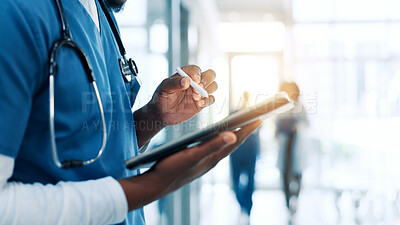 Buy stock photo Hands, nurse and man in hospital, tablet or stylus with communication, shift schedule and internet. Closeup, person and medical with professional, healthcare and diagnosis report with test results