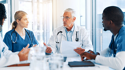 Buy stock photo Man, doctors and group with documents at hospital, review and meeting with report for virus. People, medical staff and team with feedback, paperwork and planning for solution in boardroom at clinic