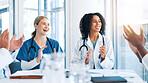 Doctor, people and team with applause, meeting and support with goals, results and celebration. Women, group and medical staff with success, praise or achievement in career with cheers at hospital