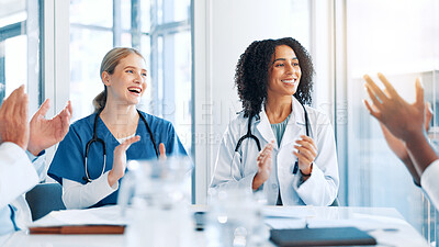 Buy stock photo Doctor, people and team with applause, meeting and support with goals, results and celebration. Women, group and medical staff with success, praise or achievement in career with cheer at hospital