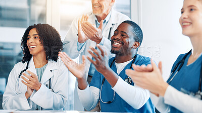 Buy stock photo Doctors, people and group with applause, meeting and support with goals, results and celebration. Men, women and team with smile for success, praise or achievement in career with cheers at hospital