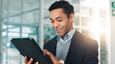 Buy stock photo Business, man and smile with tablet in office for research, financial report and schedule update. Accountant, reading and digital app of finance agenda, information and funding feedback of investment