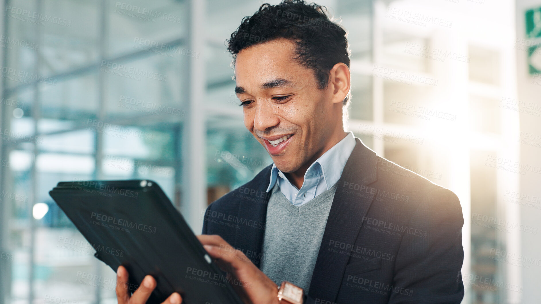 Buy stock photo Business, man and smile with tablet in office for research, financial report and schedule update. Accountant, reading and digital app of finance agenda, information and funding feedback of investment