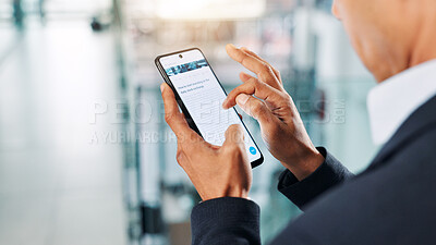 Buy stock photo Office, hands and phone with screen to scroll, research information and reading on stock exchange. Closeup, business person and mobile with website for investment tips, economy and trader with tech