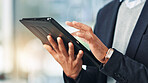 Hands, person and typing on tablet in office for research, financial report and schedule update. Accountant, reading and digital for finance agenda, information and budget review for investment email