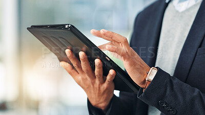 Buy stock photo Hands, person and typing on tablet in office for research, financial report and schedule update. Accountant, reading and digital for finance agenda, information and budget review for investment email