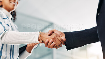 Buy stock photo Shaking hands, deal and business people in office with contract, negotiation or partnership. Collaboration, low angle and financial manager with client for agreement, welcome or thank you handshake.