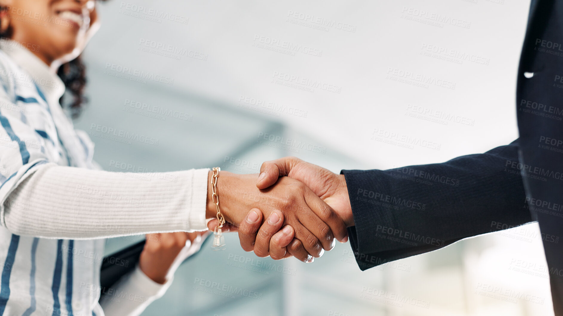 Buy stock photo Shaking hands, deal and business people in office with contract, negotiation or partnership. Collaboration, low angle and financial manager with client for agreement, welcome or thank you handshake.
