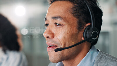 Buy stock photo Headset, man and call center consultant in office for lead generation, crm or help desk consultation. Audio tech, customer service and male technical support agent with online query in workplace.