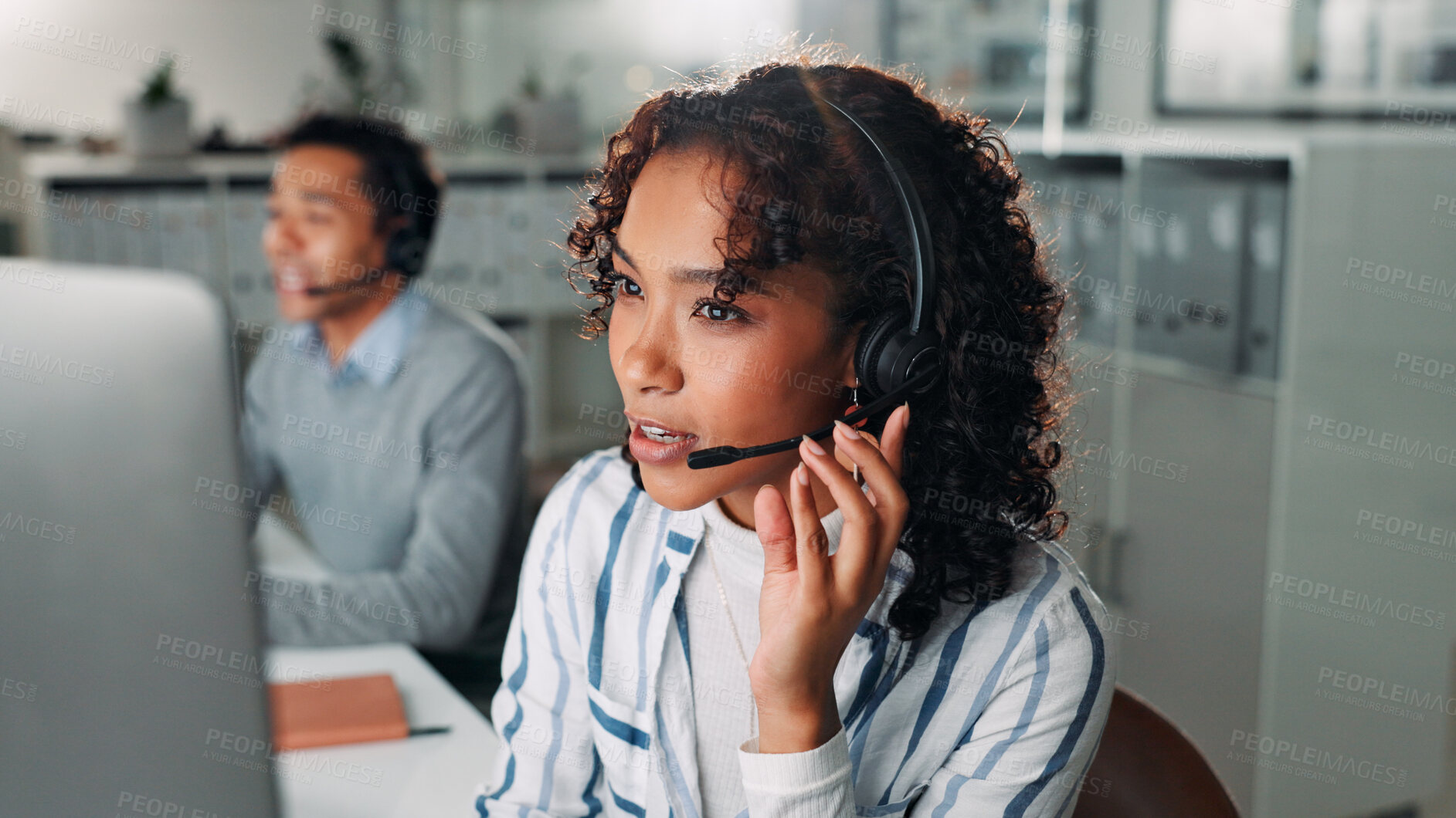 Buy stock photo Microphone, computer and call center with business woman for virtual consultation, help desk and crm. Customer support, online advisor and contact us with person in office for communication and agent