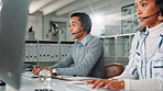 Computer, contact us and support with man in call center for assistance, feedback or online help. Communication, consulting and headset with virtual assistant at desk in office for customer service