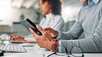 Hands, business and person on tablet in office for research, financial report and schedule update. Accountant, digital and coworking for finance agenda, information and email feedback for investment