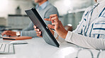 Hands, business and person typing on tablet for research, financial report and schedule update. Accountant, digital and coworking for finance agenda, information and feedback for investment in office