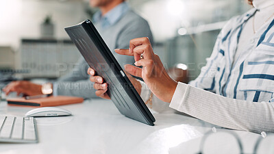 Buy stock photo Hands, business and person typing on tablet for research, financial report and schedule update. Accountant, digital and coworking for finance agenda, information and feedback for investment in office