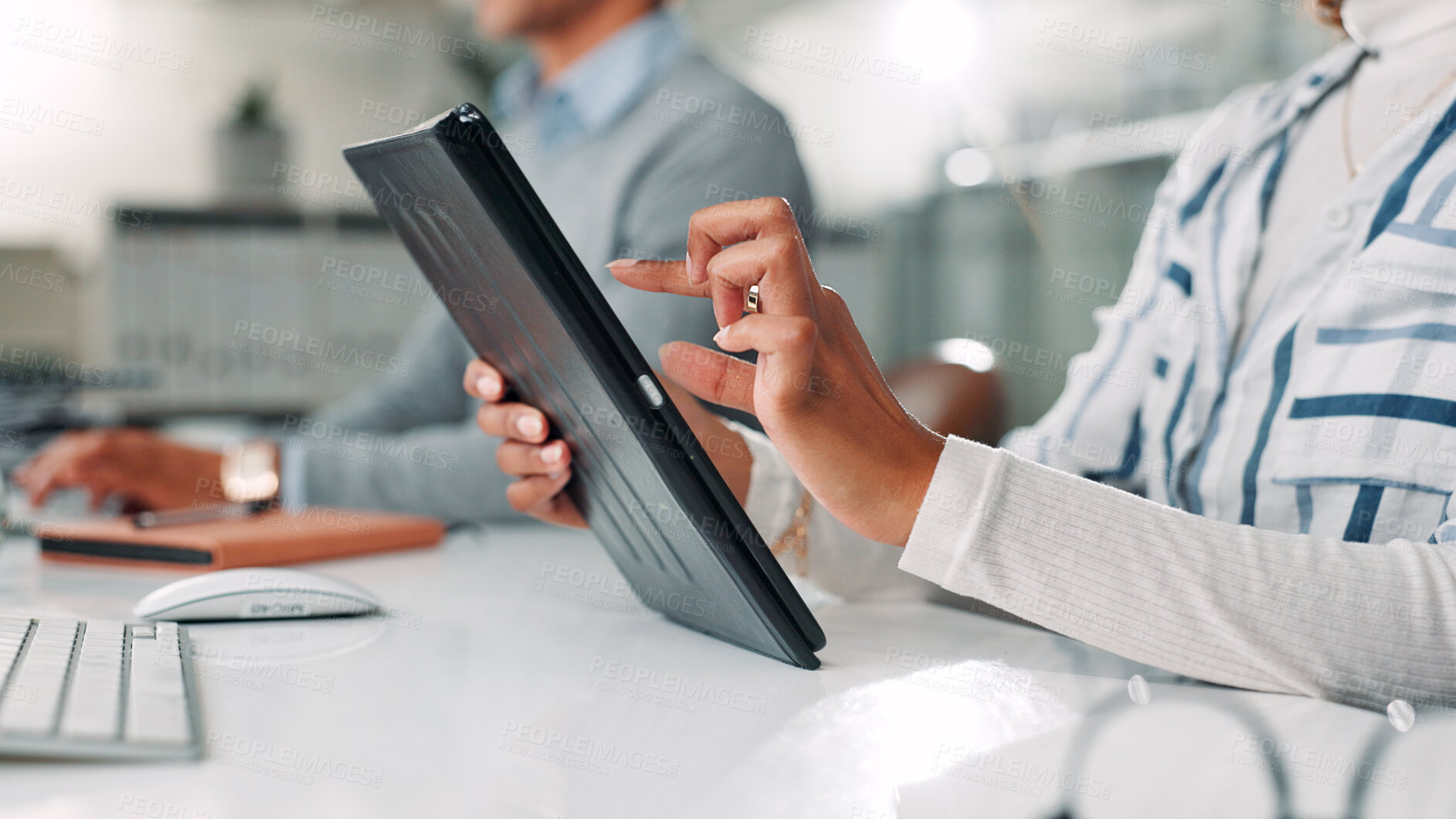 Buy stock photo Hands, business and person typing on tablet for research, financial report and schedule update. Accountant, digital and coworking for finance agenda, information and feedback for investment in office